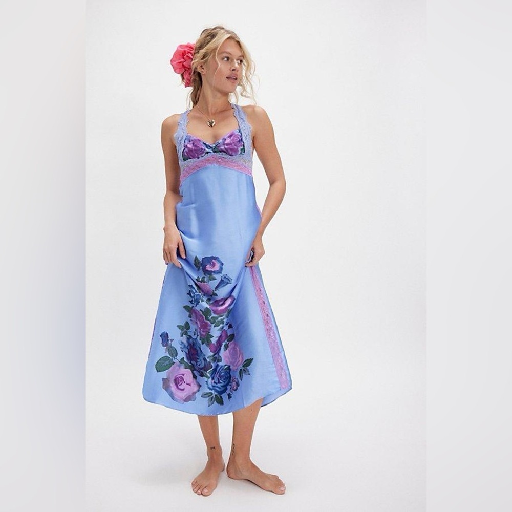 Free People NWT Just Dreamy Maxi Slip Blue Vista Combo Size Medium